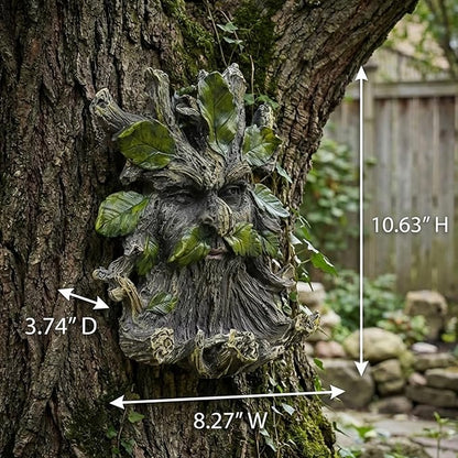 Old Man Tree Face Hugger Outdoor Decor with Bird Feeder, Handmade Tree Art Resin Statue with Leaf & Root Details, Whimsical Hanging Yard Art for Garden Wall Fence