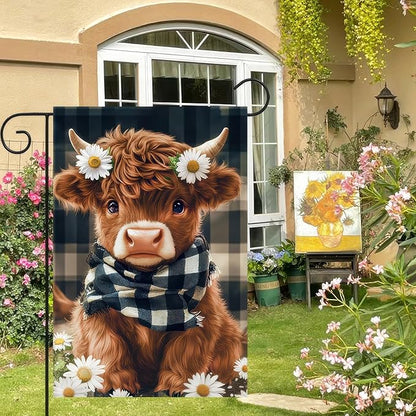 BlissYard Highland Cow Garden Flag 12x18 Inch Double Sided Plaid Daisy Yard Flags Floral Cow Farmhouse Flag Adorable Farm Animal Outdoor Decoration for Seasonal Summer Spring Yard Decor