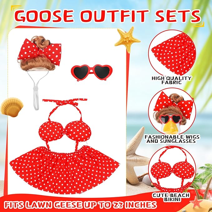 Abbylike 1 Set Summer Bikini Porch Goose Outfit Red Polka Dot Bikini Yard Goose Hawaiian Clothes with Sunglasses and Wigs Fits Large 23'' H Cement for Outdoor Garden Patio Pathway Statue Art Decor