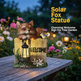 Garden Fox Welcome Sign with Solar LED Lantern, Outdoor Decorative Statue with Bird and Flowers for Porch, Patio or Garden