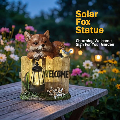 Garden Fox Welcome Sign with Solar LED Lantern, Outdoor Decorative Statue with Bird and Flowers for Porch, Patio or Garden
