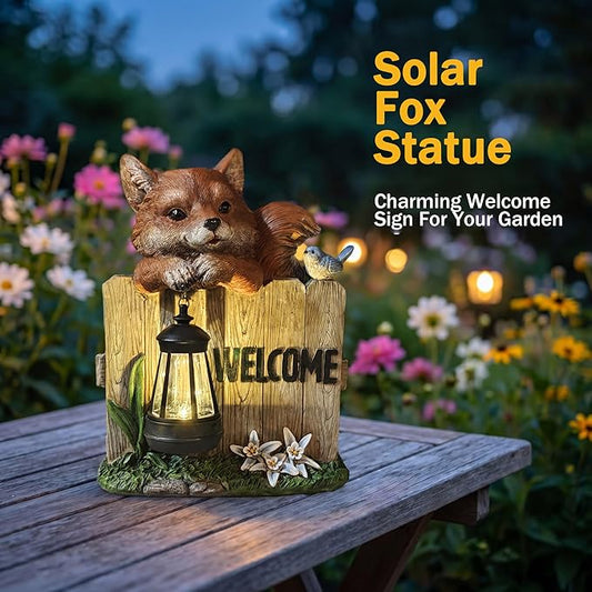 Garden Fox Welcome Sign with Solar LED Lantern, Outdoor Decorative Statue with Bird and Flowers for Porch, Patio or Garden