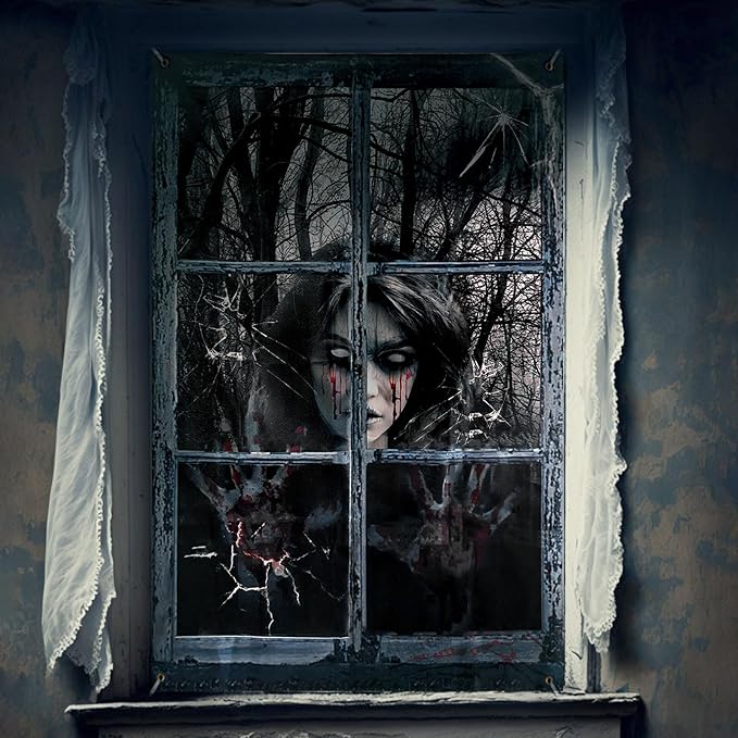 Halloween Window Decorations Spooky Blood Ghost- Halloween Party Hanging Decor, Curtains & Cover for Outdoor Indoor Door Yard Porch Wall Holiday, 32" x 47"