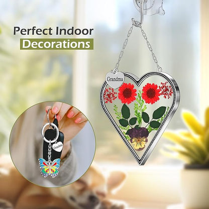 KY&BOSAM Heart Suncatcher for Windows Hangings Grandma Gift Stained Glass Butterfly Suncatcher Pressed Flower Between Heart in Glass Metal Engraved Charm Gift for Women Mother's Day Birthday Christmas