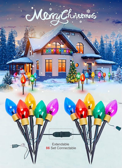 Moonflor 4 Pack Jumbo C9 Christmas Pathway Lights Outdoor - Total 34FT 20 LED C9 Christma Walkway Light, Multicolor Christmas Decoration Outside, Giant Christmas Lights Outdoor for Lawn Holiday Yard
