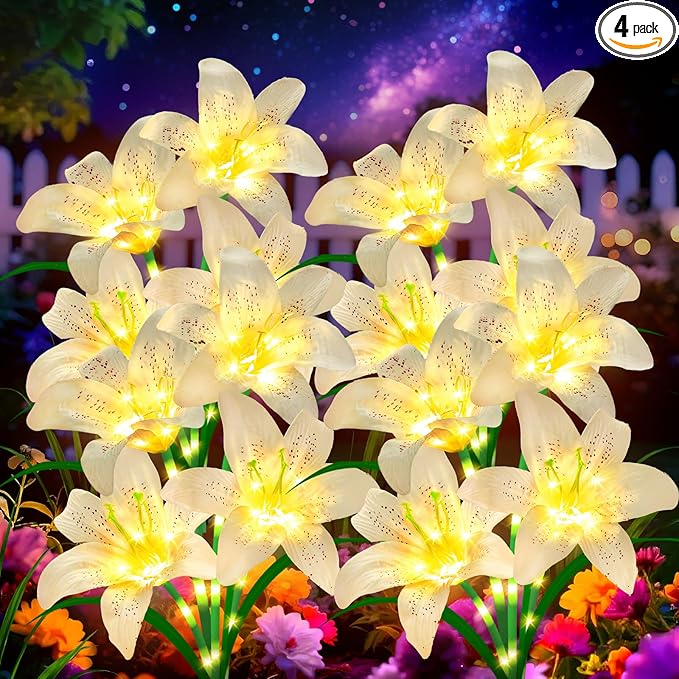 Solar Garden Lights 4 Pack 16 White Lily Flowers, Gifts for Mom Woman Birthday Outdoor Solar Flower Lights, Cemetery Flowers for Grave - Decorative Lilies for Yard, Patio, Pathway Decorations
