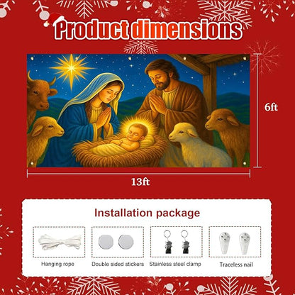 HOMETITUTE Christmas Garage Door Banner 13x6ft Nativity Scene Holy Family Star Backdrop Banners for Outside Indoor Winter Door Cover Garage Wall Covering for Party Garage Decorations