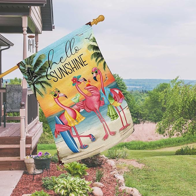 Heyfibro Flamingo Hello Sunshine Hawaii Tropical Beach Holiday Garden Flags 28x40 Double Sided Burlap Welcome Summer Tropical Ocean Sea Yard Flag for Seasonal Outdoor Party Decoration(ONLY FLAG)