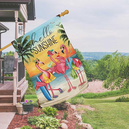 Heyfibro Flamingo Hello Sunshine Hawaii Tropical Beach Holiday Garden Flags 28x40 Double Sided Burlap Welcome Summer Tropical Ocean Sea Yard Flag for Seasonal Outdoor Party Decoration(ONLY FLAG)