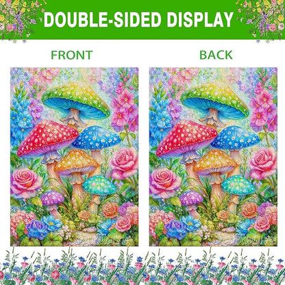 Spring Summer House Flag 28x40 Inch Double Sided Outside Colorful Mushroom Floral Flowers Outdoor Seasonal Holiday Welcome Yard Decoration