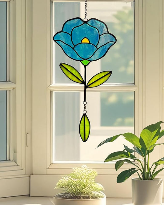 Stained Glass Window Hangings, Handcrafted Garden Suncatchers for Window and Home Decor, Unique Artisan Glass Ornaments for Indoor and Outdoor Use, Blue