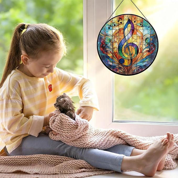 Stained Glass Window Hanging, 7.9'' Musical Note Suncatcher, Stained Glass Ornament, Suncatchers for Windows Hanging, Musical Note Gift for Music Lovers, Teachers, Graduation & Christmas