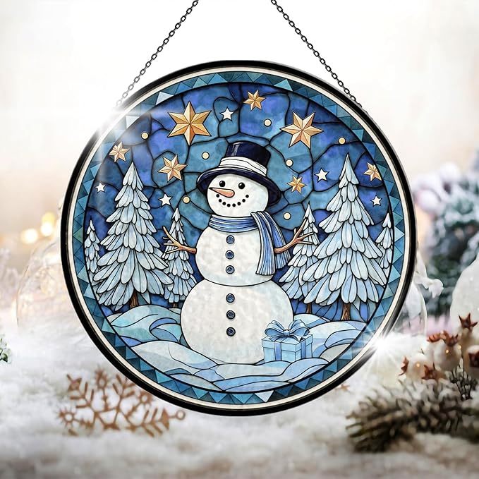 Christmas Snowman Stained Glass Window Hanging, 7.9" Snowman Sun Catcher Glass Panel with Chain, Xmas Snowmen Hand Painted Round Glass Gifts for Couples, Christmas Snowmen Housewarming Gift