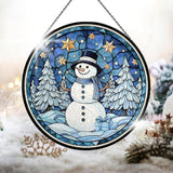 Christmas Snowman Stained Glass Window Hanging, 7.9" Snowman Sun Catcher Glass Panel with Chain, Xmas Snowmen Hand Painted Round Glass Gifts for Couples, Christmas Snowmen Housewarming Gift