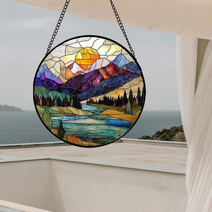 Stained Glass Window Hanging, Mountains River Trees Abstract Sunset Landscape Suncatcher for Doors Window Home Sun Catchers Decor Mother's Day Birthday Gifts for Women Men Mom 9.8 in