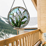 Stained Glass Window Hanging, White Green Lily of the Walley Flowers Sun Catcher for Door Home Decor Plants Suncatcher Christmas Mother's Day Birthday Gifts for Women Men Mom Nana 11.8 in