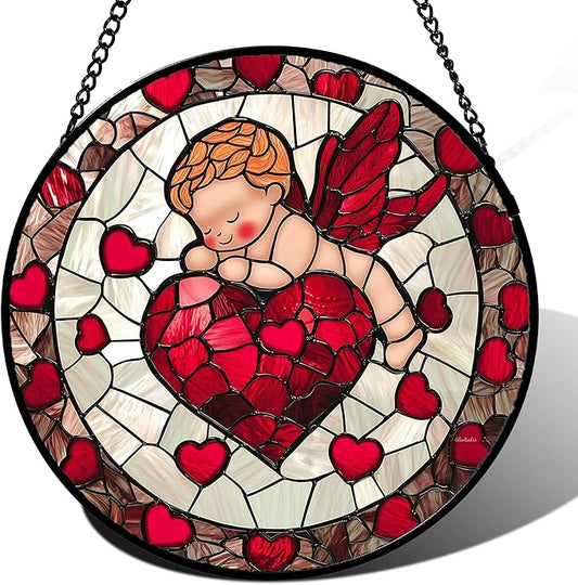 Stained Glass Window Hanging - Red Love Angel Sun Catcher for Door Garden Home Decor Cute Suncatcher Christmas Mother's Day Birthday for Women Men Mom Nana 7.8 in