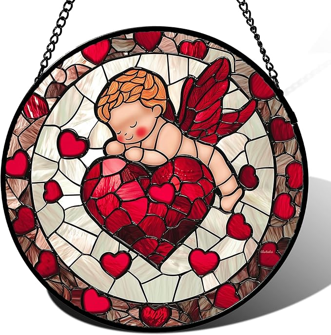 Stained Glass Window Hanging - Red Love Angel Sun Catcher for Door Garden Home Decor Cute Suncatcher Christmas Mother's Day Birthday for Women Men Mom Nana 9.8 in