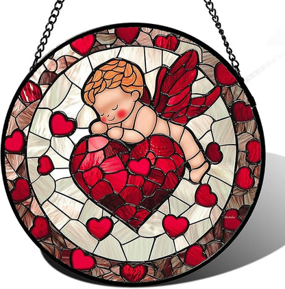 Stained Glass Window Hanging - Red Love Angel Sun Catcher for Door Garden Home Decor Cute Suncatcher Christmas Mother's Day Birthday for Women Men Mom Nana 9.8 in