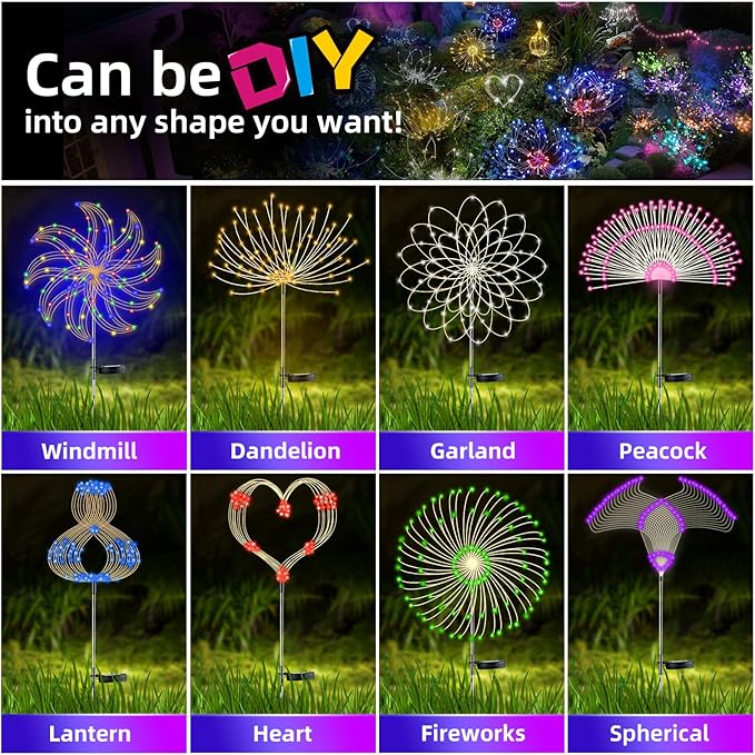 YOTOZU 4 PCS Solar Firework Light, Outdoor Solar Garden Decorative Lights 120 LED Powered 40 Copper Wires String DIY Landscape Light for Walkway Pathway Backyard Decor Parties Perfect Gifts(Purple)