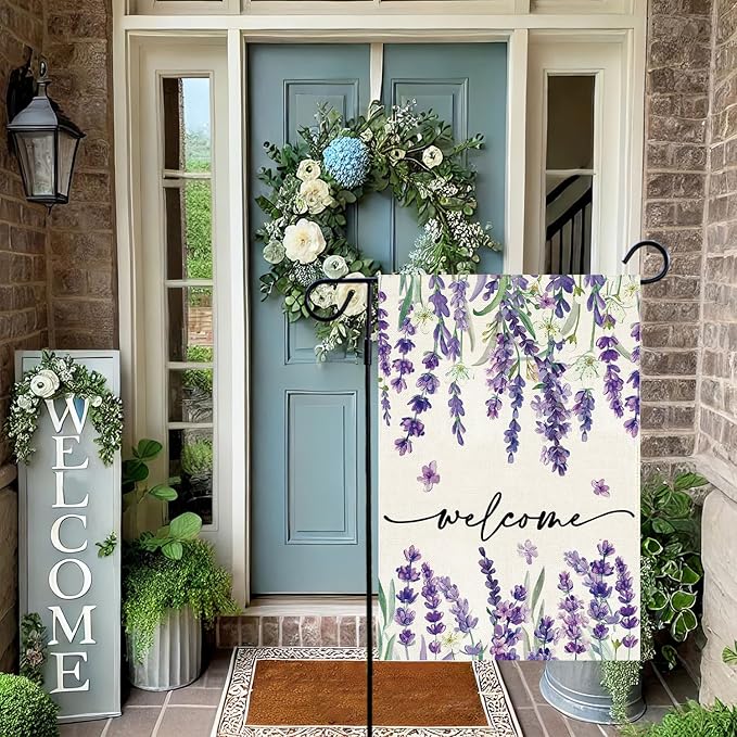 Baccessor Spring Summer Welcome Floral Garden Flag 12.5 x 18 Inch Double Sided Burlap Lavender Purple Flower Farmhouse Easter Small Yard Flag Holiday Seasonal Outdoor Outside Decoration