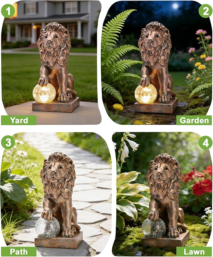 Nacome Guardian Lion Garden Decor: Outdoor Decoration Statue with Ball Lights for Yard Art Porch Patio Balcony - Unique Birthday Choice for Women Mom Lover - 9.45in (Copper)