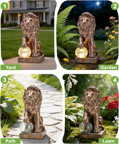 Nacome Guardian Lion Garden Decor: Outdoor Decoration Statue with Ball Lights for Yard Art Porch Patio Balcony - Unique Birthday Choice for Women Mom Lover - 9.45in (Copper)