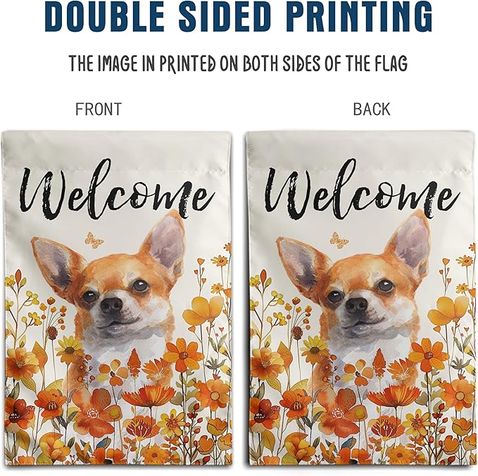 Chihuahua Fall Garden Flag Autumn Dog Yard Sign Orange Floral Thanksgiving Outdoor Banners for Outside 12x18 Double Sided Small Wild Flower Lawn Decorations