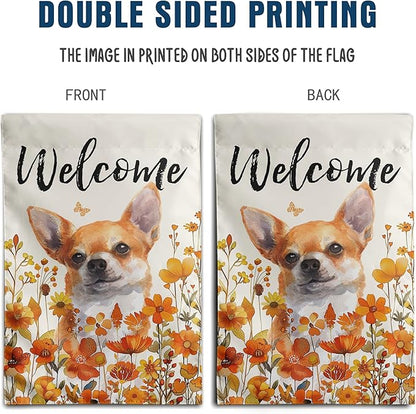 Chihuahua Fall Garden Flag Autumn Dog Yard Sign Orange Floral Thanksgiving Outdoor Banners for Outside 12x18 Double Sided Small Wild Flower Lawn Decorations