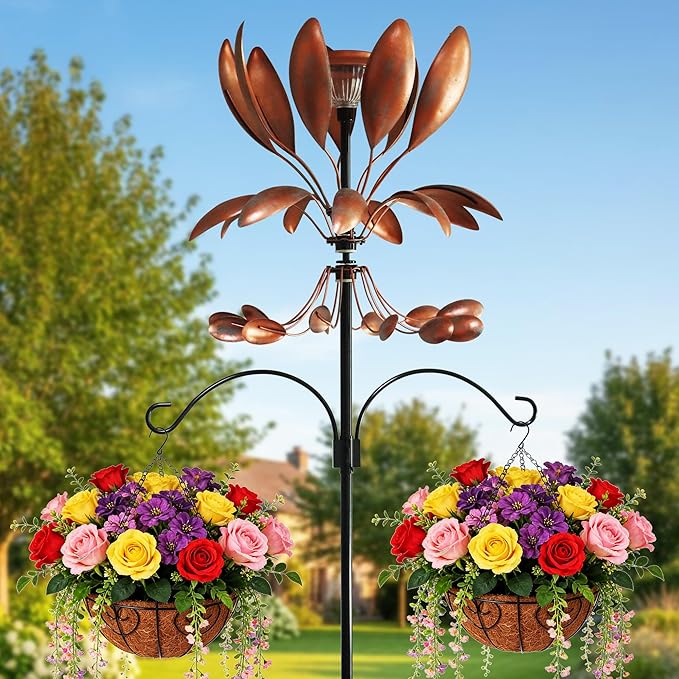 Yard Garden Wind Spinners - Large Outdoor Metal Wind Spinners with Stake, Yard Art Lawn Garden Decor Bronze-Colored Blade Rotator (25.5" W x 92.5" H)