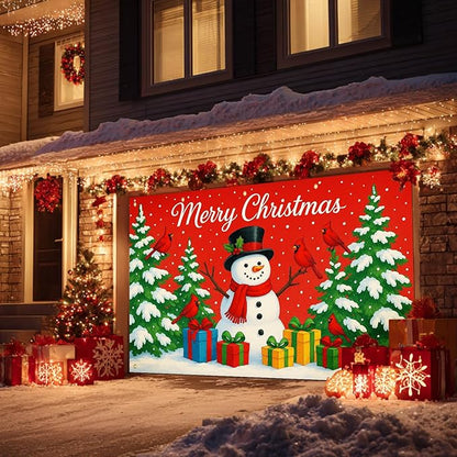 HOMETITUTE Merry Christmas Garage Door Banner 13x6ft Festive Backdrop Cheerful Snowman with Colorful Gifts Photo Prop Background for Joyful Holiday Yard Outdoor Winter Scene Display