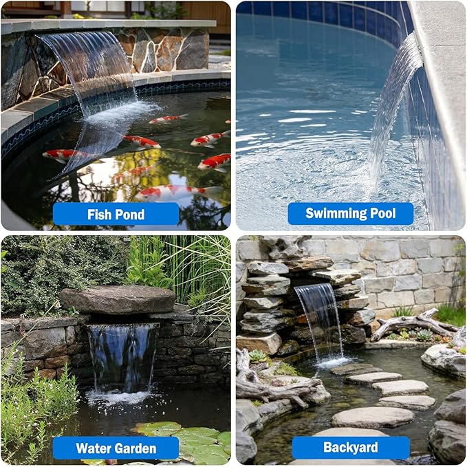 AquaMiracle Pond Waterfall Kit with Lights | 12" Stainless Steel Waterfall Spillway & 850GPH Water Pump | 4-Stage Filtration | Remote Control LED | for Pond, Pool, Backyard | for 500-750 Gal Water