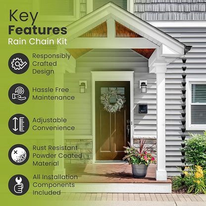 Rain Chain Kit w/Adapter & Extension | Black Powder Coated Rain Chains for Gutters 10 ft | Rain Chain | Gutter Chain Downspout | Rain Chains for Outside | Rain Catcher | Rain Chimes