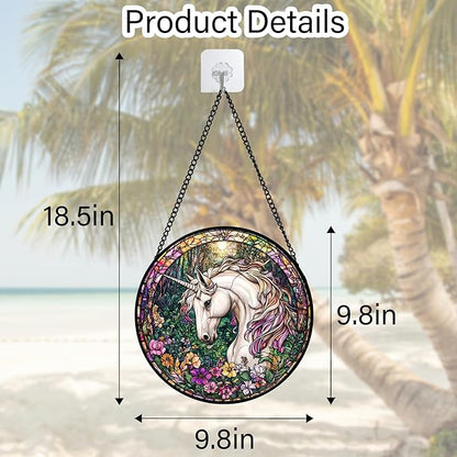DASTOLL Stained Glass Window Hanging, Unicorn Flowers Suncatcher for Doors Home Sun Catchers Decoration and Christmas, Mother's Day Birthday Gifts for Women, Men, and Mom 9.8 in
