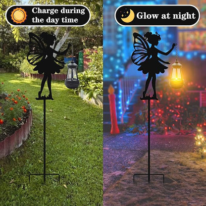 Solar Garden Angel Stakes - Metal Angel Holding Solar Lantern Decorative Garden Animal Silhouette Stakes