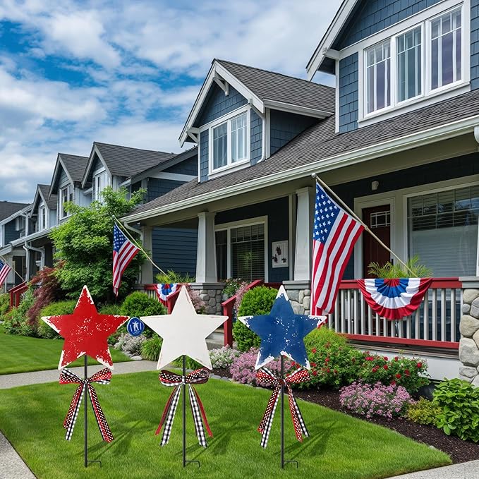 Amyhill 4th of July Outdoor Decorations Decor Patriotic Star Metal Garden Stakes Welcome Yard Signs Retro Red White Blue Garden Stakes for 250th Anniversary Patio Lawn Walkway Outside