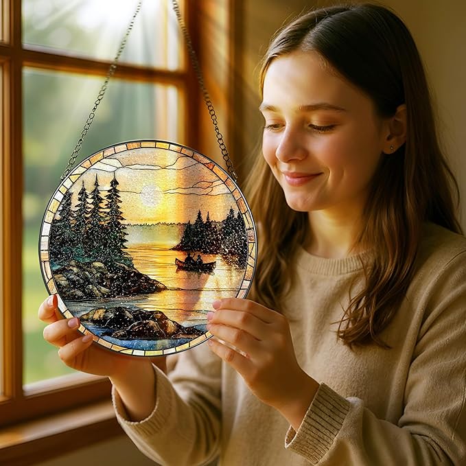 8-Inch Stained Glass Ornament, Stained Glass Window Hanging, Window Hanging Decor Suncatcher, Canoe Lake Sunset Ornament | Christmas, Mother’s Day, Birthday | Gifts for Nature Lovers, Mom & Friend