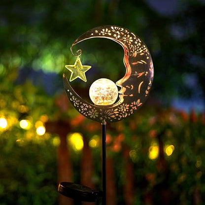Hapjoy Solar Lights Outdoor Decor Moon Lantern for Patio,Lawn or Pathway Moon Decorations Crackle Glass Globe Stake Metal Lights Waterproof Warm LED Garden Gifts (Bronze)