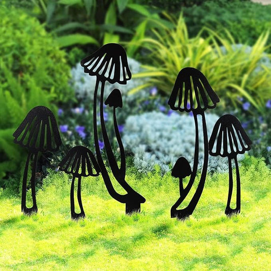 5PCS Metal Mushroom Yard Art - Garden Decorative Stake, Hollow Out Mushrooms Silhouette Statue Decor for Pathway, Floor, Garden, Lawn, Outdoor Decoration
