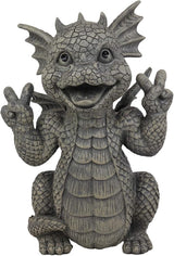 Ebros Whimsical Garden Dragon with Hippie Peace Sign Gesture Statue 10.5" Tall Cute Baby Dragonling Smiling Wide Faux Stone Resin Finish Figurine Home Decor Sculpture