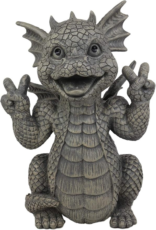 Ebros Whimsical Garden Dragon with Hippie Peace Sign Gesture Statue 10.5" Tall Cute Baby Dragonling Smiling Wide Faux Stone Resin Finish Figurine Home Decor Sculpture