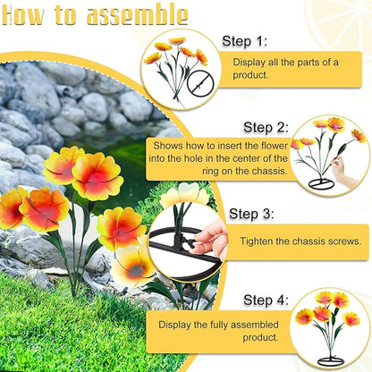 Yaocom 2 Pack Metal Flowers for Outdoor, Decorative Garden Stakes Yard Art, Outdoor Spring Garden Stake Summer Decor Bouquet of Poppy Flower Rustic Handcrafted Items for Lawn Porch Fence(Yellow)