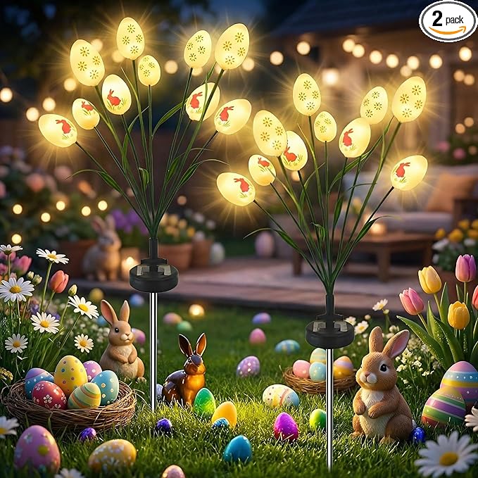 Solar Easter Egg Stake Lights 2 Pack,20 LED Waterproof Swaying Firefly Solar Lights for Outdoor Easter Decor - Garden Pathway, Lawn, Patio, Yard Landscape Decoration