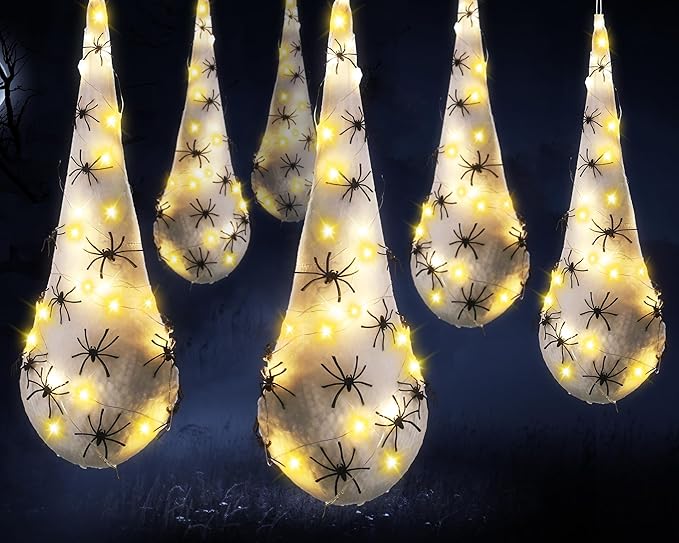 12 Pack Halloween Spider Hanging Egg Sacks Halloween Spider Sacks Decoration Large Props White Webs for Yard Haunted House Lawn Tree Outdoor Party Decor(Yellow)