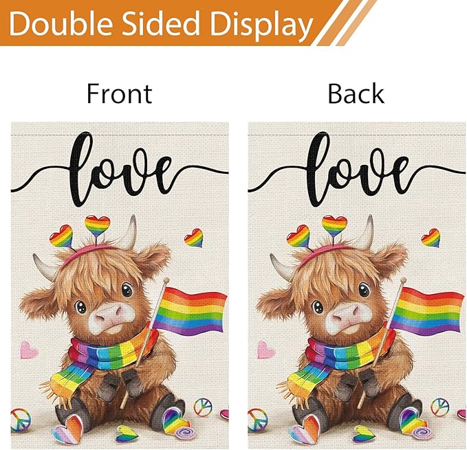 Heyfibro Love Cute Highland Cow Pride Garden Flag 12x18 Double Sided Burlap, Rainbow Heart Pattern Gay Lesbian LGBT Pansexual Yard Banner for Pride Month Outdoor Decoration (ONLY FLAG)