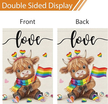 Heyfibro Love Cute Highland Cow Pride Garden Flag 12x18 Double Sided Burlap, Rainbow Heart Pattern Gay Lesbian LGBT Pansexual Yard Banner for Pride Month Outdoor Decoration (ONLY FLAG)