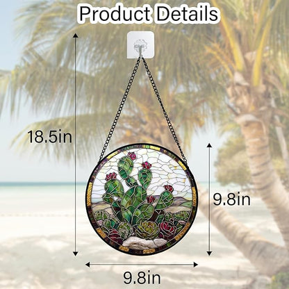 DASTOLL Stained Glass Window Hanging,Green Cactus Purple Flowers Suncatcher Diamond Glass Panel Sun Catchers Decor for Birthday for Women, Men, Wife, Aunt, and Mom 9.8 in