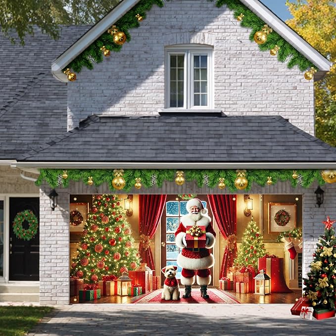 HOMETITUTE Christmas Garage Door Banner 13x6ft Santa Claus with Gift Box and Puppy Holiday Backdrop Winter Indoor Outdoor Scene Red Gold Green Tree Decor Wall Hanging Seasonal Party Porch