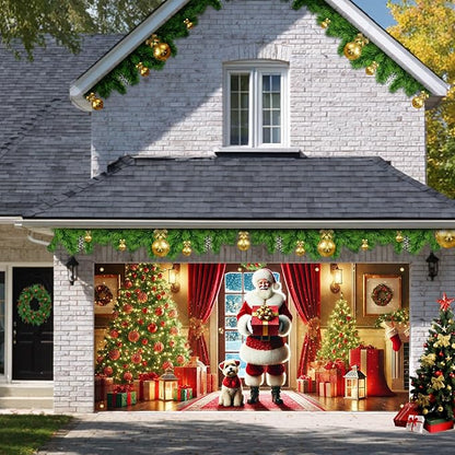 HOMETITUTE Christmas Garage Door Banner 13x6ft Santa Claus with Gift Box and Puppy Holiday Backdrop Winter Indoor Outdoor Scene Red Gold Green Tree Decor Wall Hanging Seasonal Party Porch