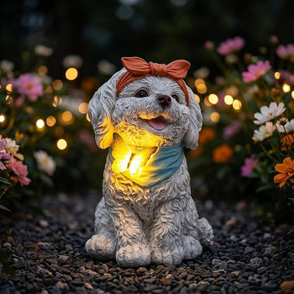 Solar Garden Poodle Statue, Detachable Ground Stake, White Resin Puppy with LED Butterfly and Blue Scarf, Waterproof Yard Decor for Patio, Lawn, Porch, Pathway, and Gift Giving